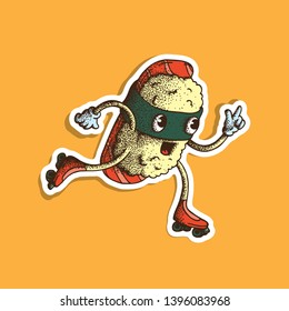 Hand Drawn Dotwork Vector Illustration. Cute Cartoon Character: Animated smiling sushi in a mask of nori seaweed on roller skates