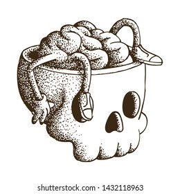 Hand Drawn Dotwork Vector Illustration. Cute Cartoon Character: Animated human brain lies and rests in the skull, legs dangling. Coloring book page