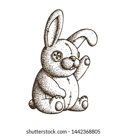 Hand Drawn Dotwork Vector Illustration. Cute Cartoon Character: Toy plush blue rabbit with button eyes and seams.