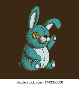 Hand Drawn Dotwork Vector Illustration. Cute Cartoon Character: Toy plush blue rabbit with button eyes and seams.