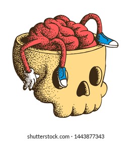 Hand Drawn Dotwork Vector Illustration. Cute Cartoon Character: Animated human brain lies and rests in the skull, legs dangling