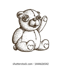 Hand Drawn Dotwork Vector Illustration. Cute Cartoon Character: Toy plush purple bear with button eyes and seams. Coloring book page