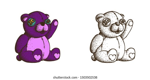 Hand Drawn Dotwork Vector Illustration. Cute Cartoon Character: Toy plush purple bear with button eyes and seams. Coloring book page
