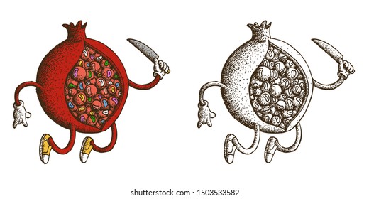 Hand Drawn Dotwork Vector Illustration. Cute Cartoon Character: Animated monster in the form of a pomegranate fruit with many eyes and a knife in its hands. Coloring book page
