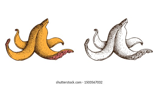 Hand Drawn Dotwork Vector Illustration. Concept logo: Banana peel in the form of octopus tentacles. Coloring book page