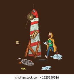 Hand Drawn Dotwork Vector Illustration. A man with a beard and a paper boat in his hand in a yellow raincoat is walking near the sewer hatch and the scenery in the form of a lighthouse