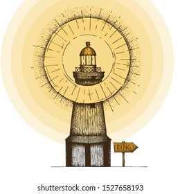 Hand Drawn Dotwork Vector Illustration. Cape Besov Nos lighthouse on Lake Onega in St. Petersburg with a ring of light.