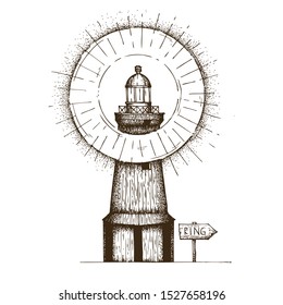 Hand Drawn Dotwork Vector Illustration. Cape Besov Nos lighthouse on Lake Onega in St. Petersburg with a ring of light.