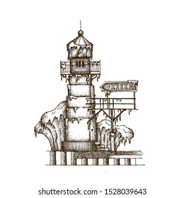 Hand Drawn Dotwork Vector Illustration. St Joseph’s frozen lighthouse on Lake Michigan with a frozen wave and a fragment of a bridge.