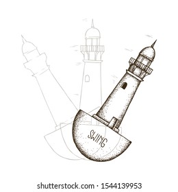 Hand Drawn Dotwork Vector Illustration. Tumbler lighthouse on a semicircular base. Lighthouse pendulum. Coloring Book Page