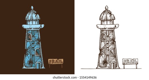 Hand Drawn Dotwork Vector Illustration. A fragile glass crystal lighthouse with cracks, chips with a spiral staircase. Coloring book Page
