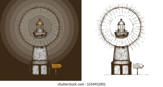 Hand Drawn Dotwork Vector Illustration. Cape Besov Nos lighthouse on Lake Onega in St. Petersburg with a ring of light.
