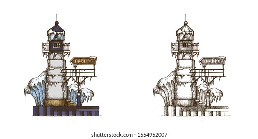 Hand Drawn Dotwork Vector Illustration. St Joseph’s frozen lighthouse on Lake Michigan with a frozen wave and a fragment of a bridge. Coloring book page