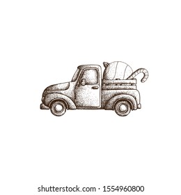 Hand Drawn Dotwork Vector Illustration. Old Vintage truck with Christmas ball and New Year's candy cane in the back. Coloring book page