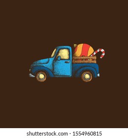Hand Drawn Dotwork Vector Illustration. Old Vintage truck with Christmas ball and New Year's candy cane in the back.
