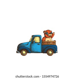 Hand Drawn Dotwork Vector Illustration. Old vintage truck with a teddy bear toy with tears and seams and eyes with buttons in the back
