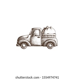 Hand Drawn Dotwork Vector Illustration. Old vintage truck with pumpkin back. Coloring book page