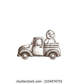 Hand Drawn Dotwork Vector Illustration. Old vintage truck with a plush toy duckling with tears and seams and eyes with buttons in the back. Coloring book page