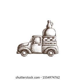 Hand Drawn Dotwork Vector Illustration. Old vintage truck with a glass bottle in the back. Coloring book page
