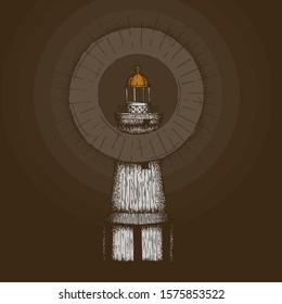 Hand Drawn Dotwork Vector Illustration. Cape Besov Nos lighthouse on Lake Onega in St. Petersburg with a ring of light.
