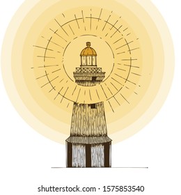 Hand Drawn Dotwork Vector Illustration. Cape Besov Nos lighthouse on Lake Onega in St. Petersburg with a ring of light.
