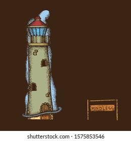 Hand Drawn Dotwork Vector Illustration. Cape Besov Nos lighthouse on Lake Onega in St. Petersburg with a ring of light.
