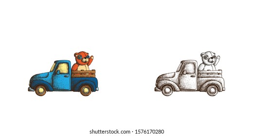 Hand Drawn Dotwork Vector Illustration. Old vintage truck with a teddy bear toy with tears and seams and eyes with buttons in the back. Coloring book page
