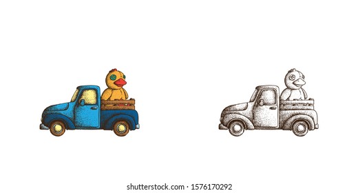 Hand Drawn Dotwork Vector Illustration. Old vintage truck with a plush toy duckling with tears and seams and eyes with buttons in the back. Coloring book page
