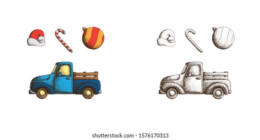 Hand Drawn Dotwork Vector Illustration. Old Vintage Truck and Christmas Symbols - Santa Claus Hat, Christmas Ball, Candy Cane. Coloring book page
