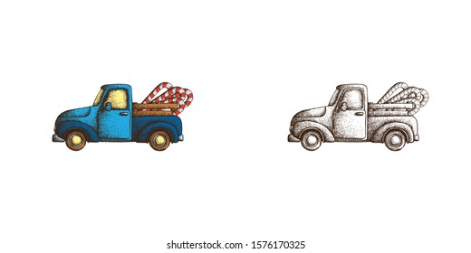 Hand Drawn Dotwork Vector Illustration. Old vintage truck with New Year's candy cane in the back. Coloring book page
