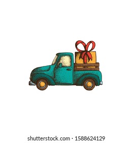 Hand Drawn Dotwork Vector Illustration. Old vintage truck with a gift box with gift ribbon in the back.