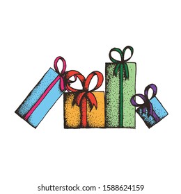 Hand Drawn Dotwork Vector Illustration. Gift boxes with gift ribbon in the back.
