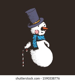 Hand Drawn Dotwork Vector Illustration. The figure of a snowman in a top hat with a cane in the shape of a lollipop and a nose made of carrots.