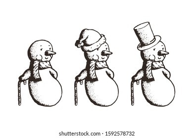 Hand Drawn Dotwork Vector Illustration. Cute cartoon character. Snowman in a hat top hat, Christmas hat. Different Emotions Vector Set. Coloring book page