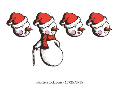 Hand Drawn Dotwork Vector Illustration. Cute cartoon character. Snowman in a Christmas hat. Different Emotions Vector Set