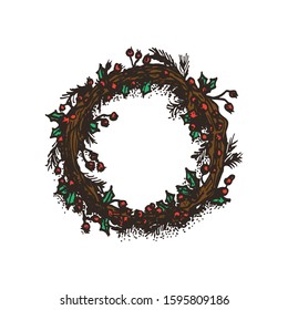Hand Drawn Dotwork Vector Illustration. Holiday elements. Christmas wreath of fir branches with cones, berries, balls and stars.
