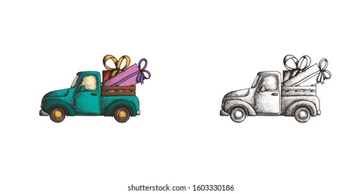 Hand Drawn Dotwork Vector Illustration. Old vintage truck with a gift box with gift ribbon in the back.