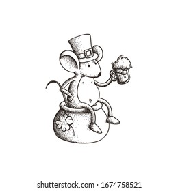 Hand Drawn Dotwork Vector Illustration  for St. Patrick's Day. Cute Cartoon Character: A little mouse in a green top hat with a mug of foamy beer sits on a copper pot. Coloring book page