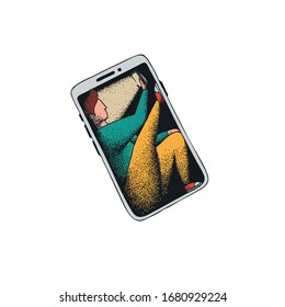 Hand drawn Dotwork Vector Illustration. A man with a phone sits in a smartphone. Self-isolation from the Covid-19 Coronavirus
