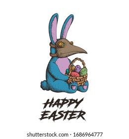 Hand Drawn Dotwork Vector Illustration. Cute Cartoon Character. Illustration For The Holiday Of Easter. Easter Rabbit In The Mask Of A Plague Doctor With A Wicker Basket With Colored Eggs With Cracks.