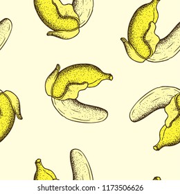 Hand Drawn Dotwork Vector Seamless Pattern with bananas. Curved banana in the shape of the letter U