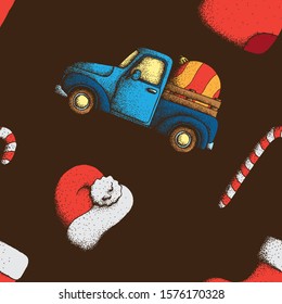 Hand Drawn Dotwork Vector Seamless Pattern. Old Vintage Truck and Christmas Symbols - Santa Claus Hat, Christmas Ball, Candy Cane