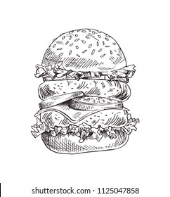 Hand drawn double burger vector monochrome illustration. Fast food badge sketch style for brochures and banner restaurant menu and cafe cover template