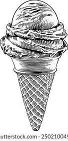 Hand drawn Double Scoop Ice Cream in a Cone Sketch Illustration