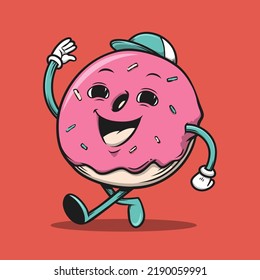 Hand drawn doughnut retro vintage bakery cartoon mascot logo illustration