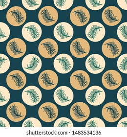 Hand drawn douglas fir polka dot  seamless pattern. Traditional green gold holiday all over print. Vector swatch