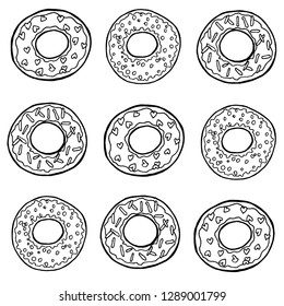 Hand drawn dounats seamless  pattern. Black and white food vector background.