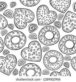 Hand drawn dounats and sweet hearts seamless  pattern. Black and white food vector background.