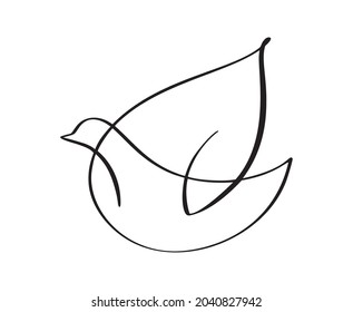 Hand Drawn dove bird calligraphy brush line. Flying pigeon logo. Black and white vector illustration. Concept for icon card, banner poster, flyer.
