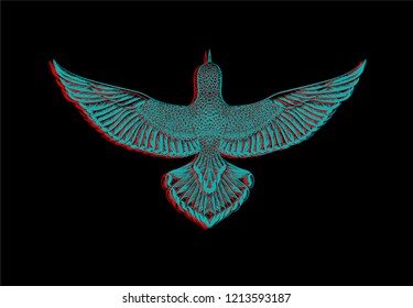 Hand drawn dove with glitch effect. Sketch bird with chromatic aberration.